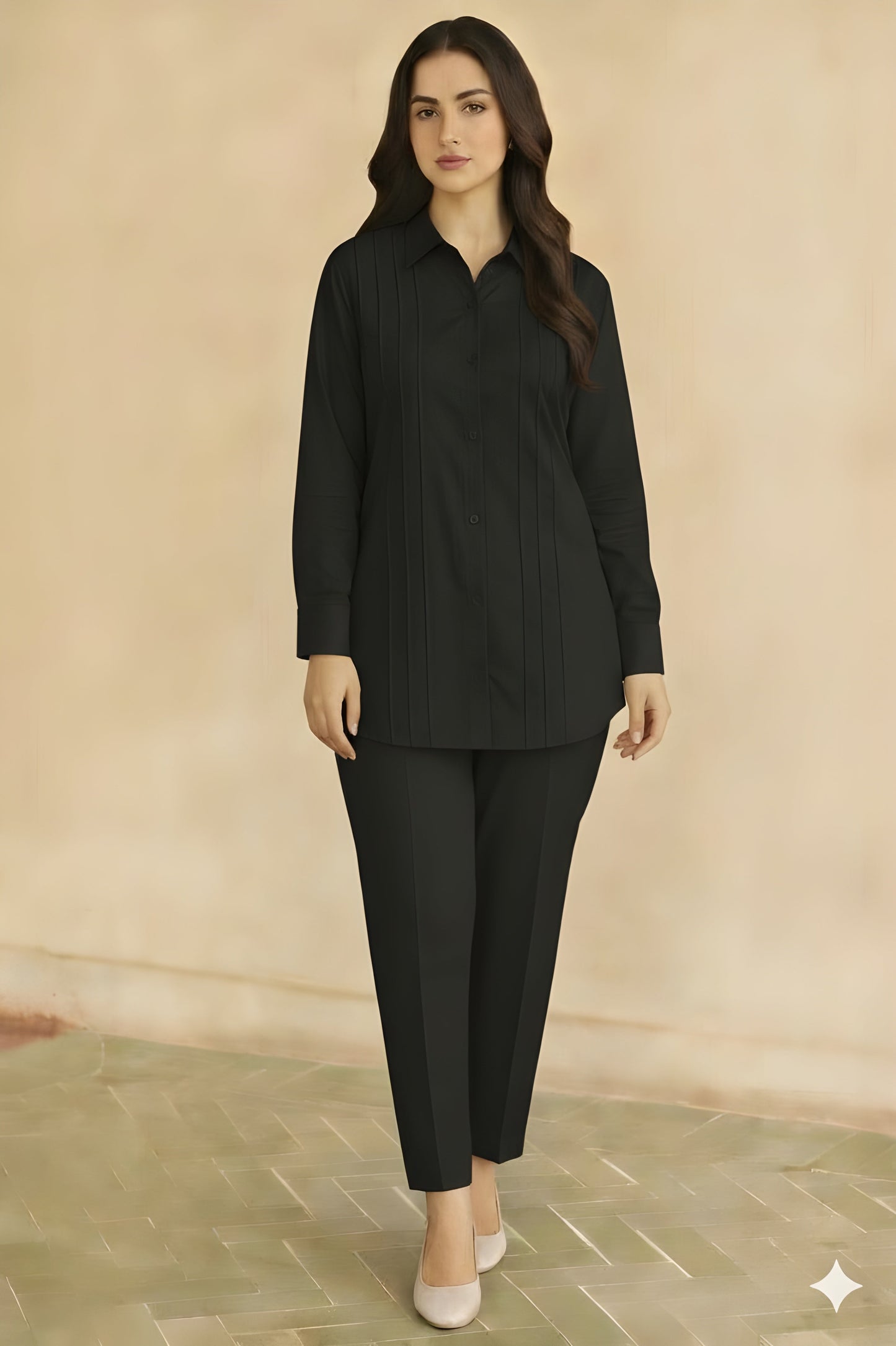 Black Co-Ord Set - Long Shirt + Trouser Two Piece Outfit (FL-WS001)
