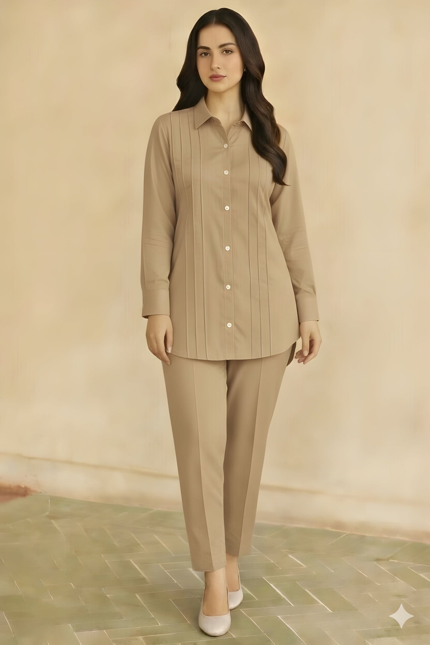 Pale Khaki Co-Ord Set - Long Shirt + Trouser Two Piece Outfit (FL-WS005)