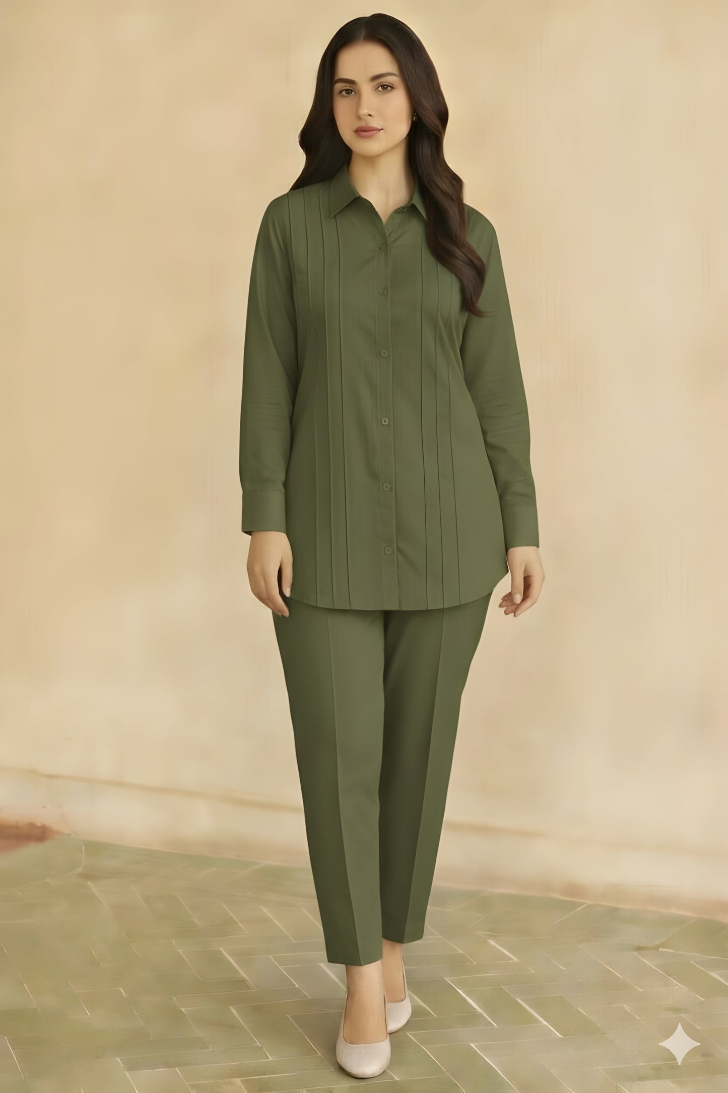 Green Co-Ord Set - Long Shirt + Trouser Two Piece Outfit (FL-WS003)