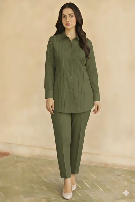 Green Co-Ord Set - Long Shirt + Trouser Two Piece Outfit (FL-WS003)
